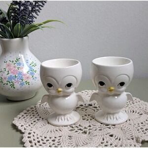 Vintage Owl Egg Cups Set of 2 White Ceramic Owl Egg Holders